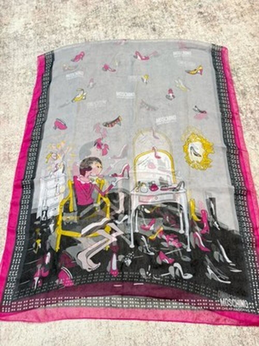 VTG Moschino Cheap and Chic Olive Oyl Silk Scarf Pink Black Italy 70” X 26”